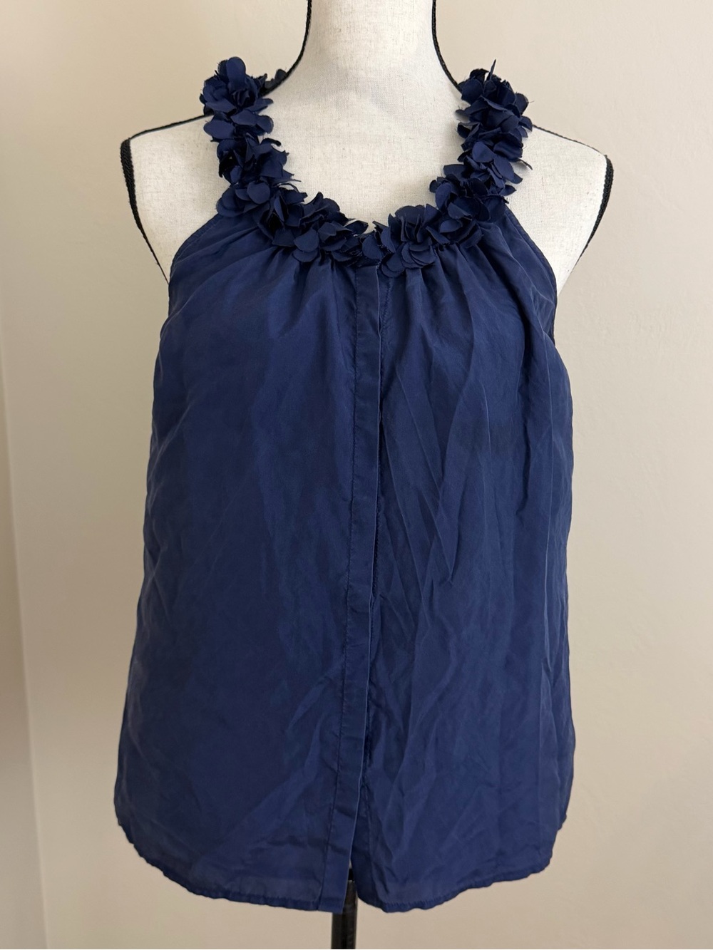 J Crew Navy Blue 100% Silk Floral Ruffle Neck Sleeveless Blouse Top Size M